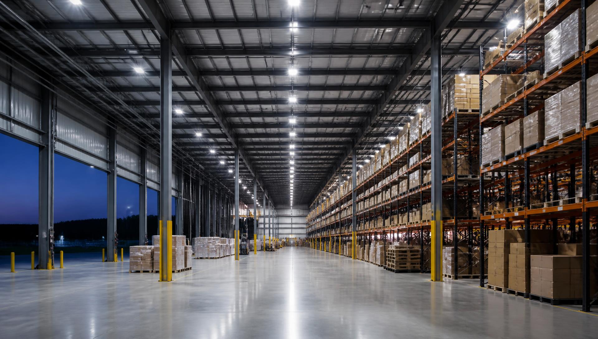 LED high bay lighting illuminating a modern distribution warehouse